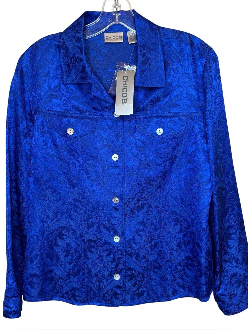 NWT Chico’s Alicia Jacquard Jacket Medium Blue Silk Blend Old Money Career Light
